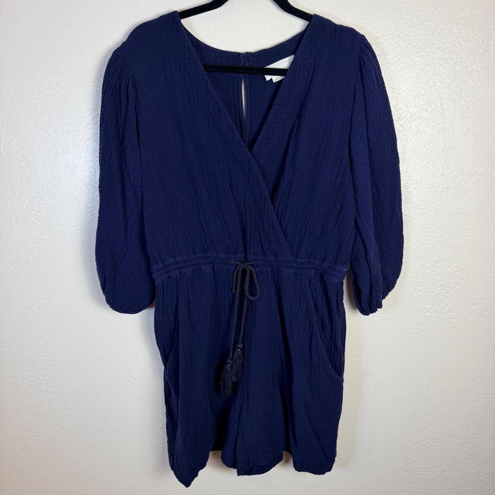 Anthropologie Women's M Navy 100% Cotton Gauze Romper Minimalist Boho Coastal